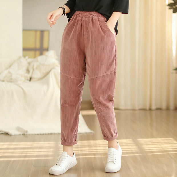 Buddha Stones Plain Tapered Cotton Corduroy Women's Harem Thermal Fleece-Lined Pants With Pockets - image 5
