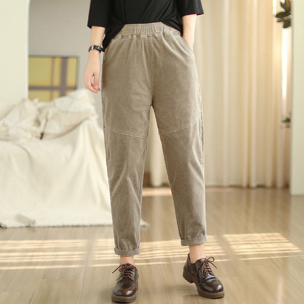 Buddha Stones Plain Tapered Cotton Corduroy Women's Harem Thermal Fleece-Lined Pants With Pockets - image 22