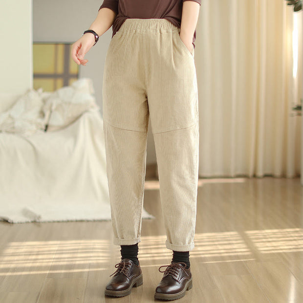 Buddha Stones Plain Tapered Cotton Corduroy Women's Harem Thermal Fleece-Lined Pants With Pockets - image 1