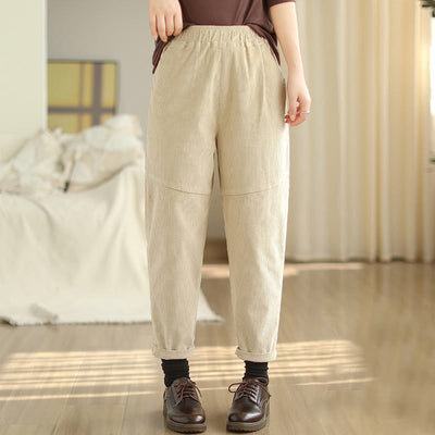 Buddha Stones Plain Tapered Cotton Corduroy Women's Harem Thermal Fleece-Lined Pants With Pockets - Beige - US12，UK/AU16，EU44 (3XL) - image 0
