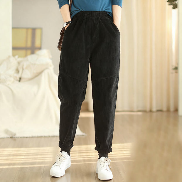Buddha Stones Plain Tapered Cotton Corduroy Women's Harem Thermal Fleece-Lined Pants With Pockets - Black - US12，UK/AU16，EU44 (3XL) - image 13