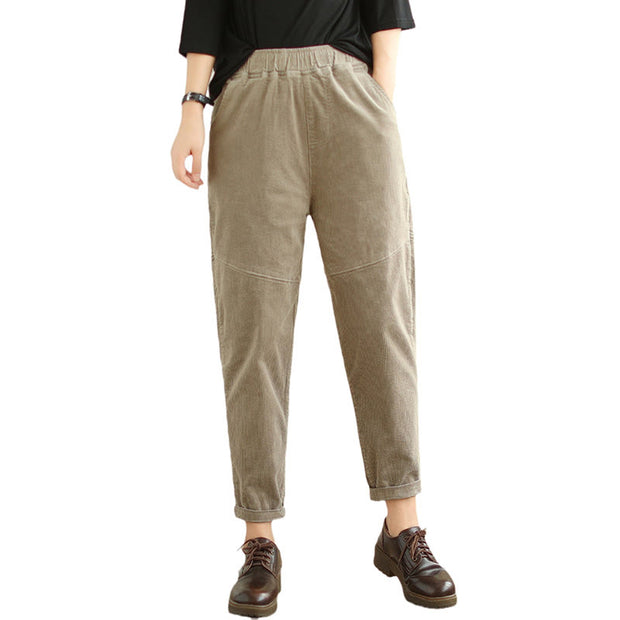 Buddha Stones Plain Tapered Cotton Corduroy Women's Harem Thermal Fleece-Lined Pants With Pockets - image 26