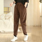 Buddha Stones Plain Tapered Cotton Corduroy Women's Harem Thermal Fleece-Lined Pants With Pockets - SaddleBrown - US12，UK/AU16，EU44 (3XL) - image 9