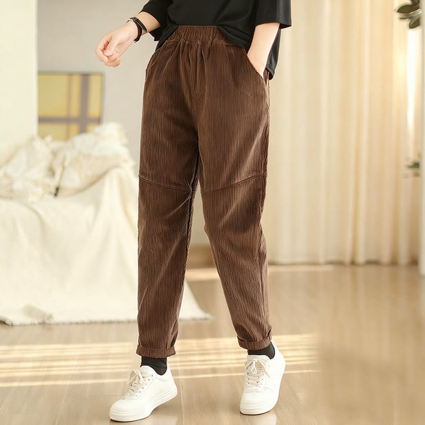 Buddha Stones Plain Tapered Cotton Corduroy Women's Harem Thermal Fleece-Lined Pants With Pockets - SaddleBrown - US12，UK/AU16，EU44 (3XL) - image 9