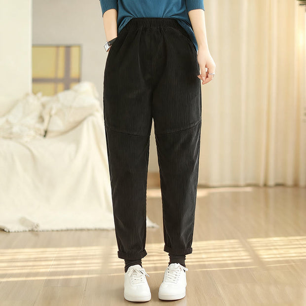 Buddha Stones Plain Tapered Cotton Corduroy Women's Harem Thermal Fleece-Lined Pants With Pockets - image 15