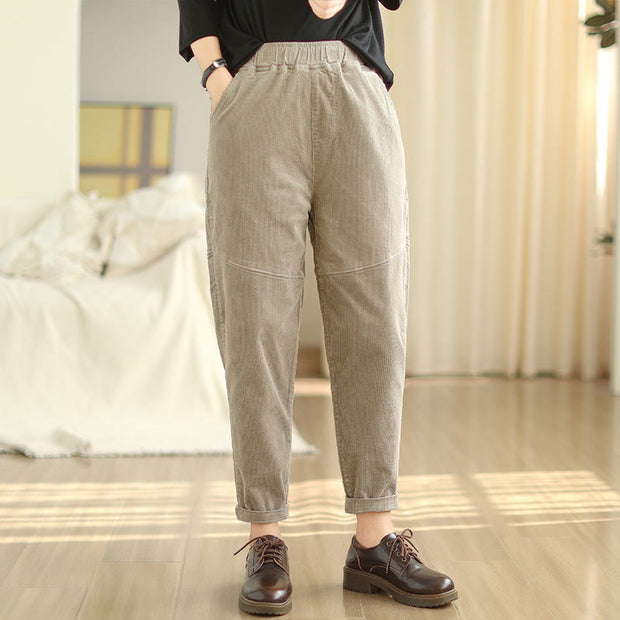 Buddha Stones Plain Tapered Cotton Corduroy Women's Harem Thermal Fleece-Lined Pants With Pockets - image 19