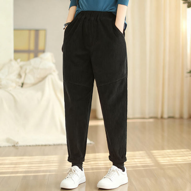 Buddha Stones Plain Tapered Cotton Corduroy Women's Harem Thermal Fleece-Lined Pants With Pockets - image 14