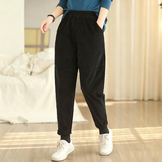 Buddha Stones Plain Tapered Cotton Corduroy Women's Harem Thermal Fleece-Lined Pants With Pockets - image 17