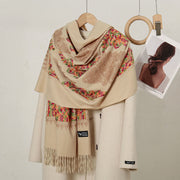 Buddha Stones Winter Colorful Vines Flowers Pattern Tassel Cozy Scarf Shawl - Beige - 185*70cm - image 0