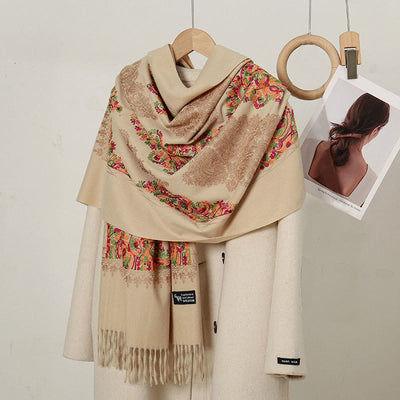 Buddha Stones Winter Colorful Vines Flowers Pattern Tassel Cozy Scarf Shawl - Beige - 185*70cm - image 0