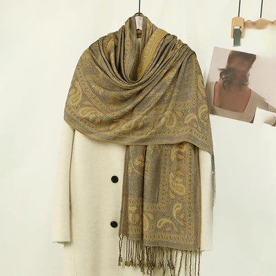 Buddha Stones Spring Dark Khaki Cashew Flower Leaves Pattern Tassel Soft Scarf Shawl - DarkKhaki 180*70cm - image 0
