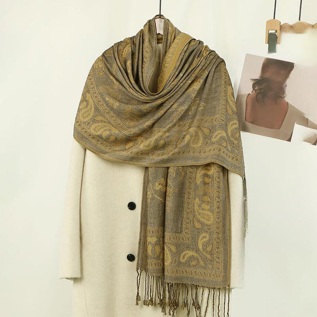 Buddha Stones Spring Dark Khaki Cashew Flower Leaves Pattern Tassel Soft Scarf Shawl - DarkKhaki 180*70cm - image 0