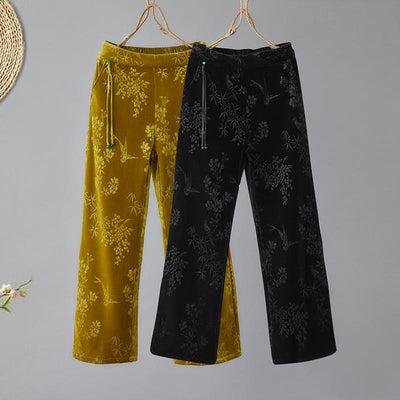 Buddha Stones Women's Jacquard High Waist Design Wide Leg Cotton Fleece-Lined Pants With Pockets - image 0