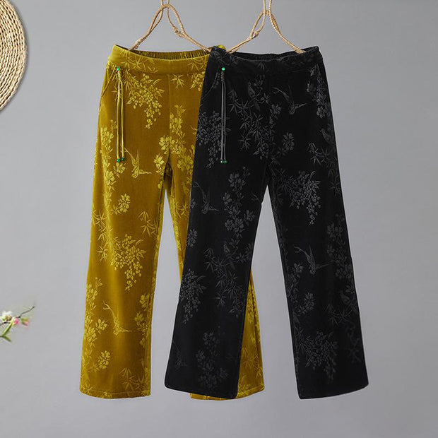 Buddha Stones Women's Jacquard High Waist Design Wide Leg Cotton Fleece-Lined Pants With Pockets - image 0