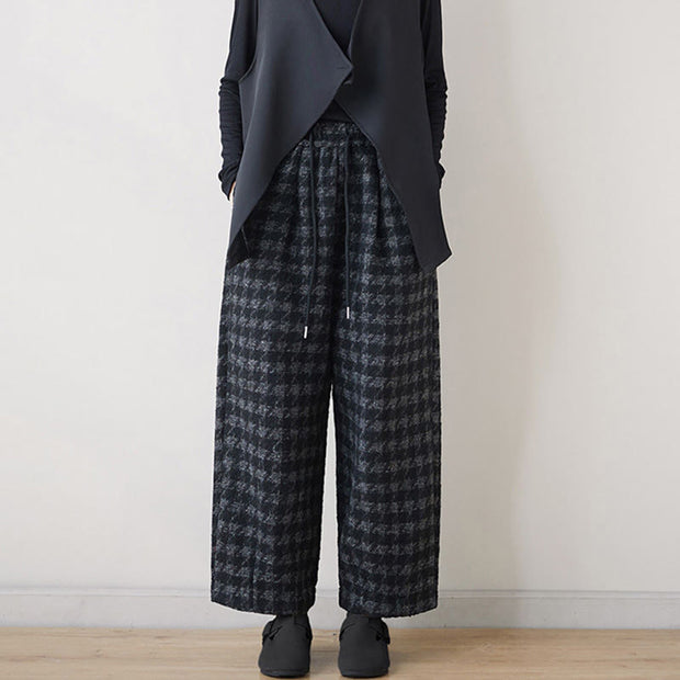 Buddha Stones Women's Winter Black Gray Plaid Pattern Cotton Fleece-Lined Pants With Pockets - image 2