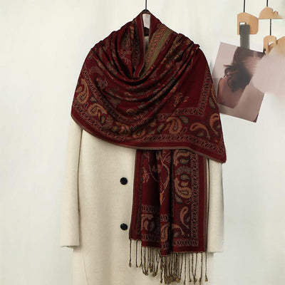 Buddha Stones Spring Maroon Cashew Flower Floral Leaf Pattern Tassel Soft Scarf Shawl - Maroon 180*70cm - image 0