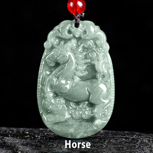 Buddha Stones Chinese Zodiac Jade Year of the Horse Luck Rope Necklace Pendant - image 1