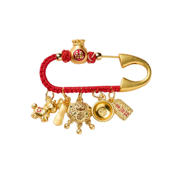 Buddha Stones Horse Fu Character Attract Fortune Ruyi Handle Brass Prosperity Brooch - image 4