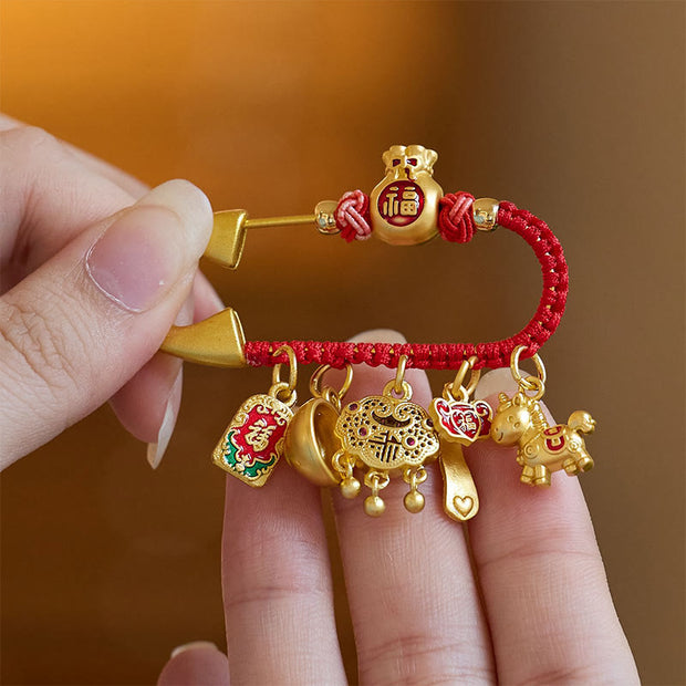FREE Today: Luck Year Of The Horse Charm Fu Character Attract Fortune Ruyi Handle Brass Brooch - image 2