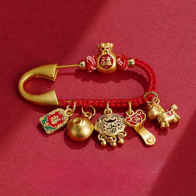 Buddha Stones Horse Fu Character Attract Fortune Ruyi Handle Brass Prosperity Brooch - Horse Peace Fu Character - image 0