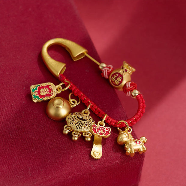 Buddha Stones Horse Fu Character Attract Fortune Ruyi Handle Brass Prosperity Brooch - image 1