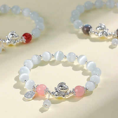 Buddha Stones Natural Cat's Eye Rose Quartz Crystal Year of the Horse Fu Character Love Bracelet - image 0