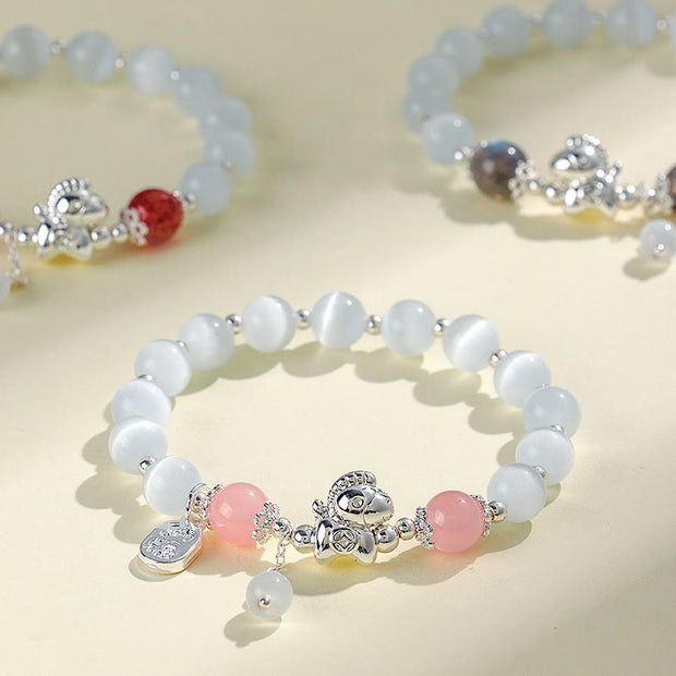 Buddha Stones Natural Cat's Eye Rose Quartz Crystal Year of the Horse Fu Character Love Bracelet - image 0