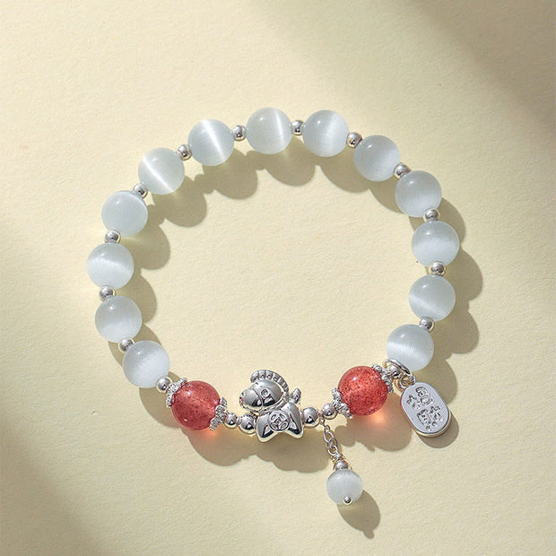 Buddha Stones Natural Cat's Eye Rose Quartz Crystal Year of the Horse Fu Character Love Bracelet - Cat's Eye Strawberry Quartz(Wrist Circumference 14-16cm) - image 6