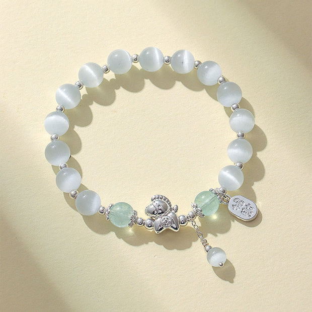 Buddha Stones Natural Cat's Eye Rose Quartz Crystal Year of the Horse Fu Character Love Bracelet - Cat's Eye Aquamarine(Wrist Circumference 14-16cm) - image 9