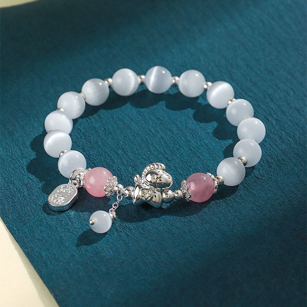 Buddha Stones Natural Cat's Eye Rose Quartz Crystal Year of the Horse Fu Character Love Bracelet - image 3
