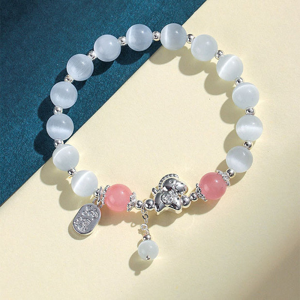 Buddha Stones Natural Cat's Eye Rose Quartz Crystal Year of the Horse Fu Character Love Bracelet - image 7
