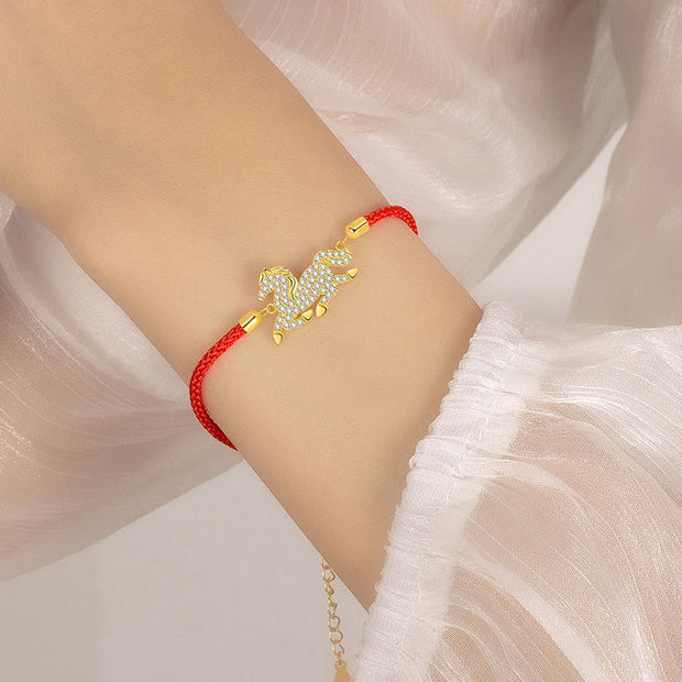 Buddha Stones 925 Sterling Silver Plated 18k Gold Red String Year Of The Horse Strength Bracelet - image 5