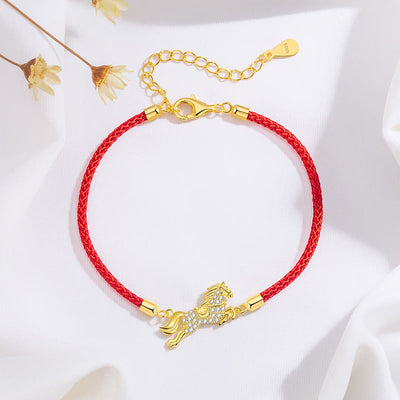 Buddha Stones 925 Sterling Silver Plated 18K Gold Chinese Zodiac Year of the Horse Red String Luck Bracelet - Horse(Wrist Circumference 14-18cm) - image 0