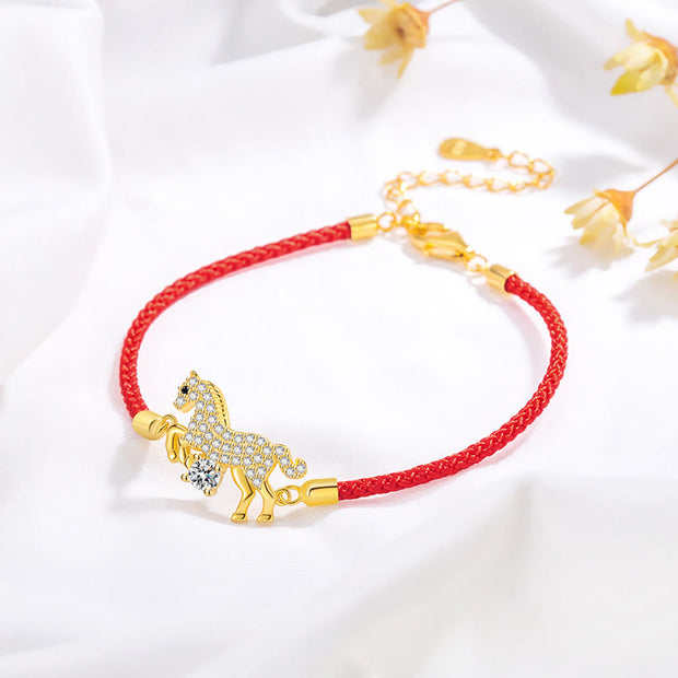Buddha Stones 925 Sterling Silver Golden Horse Charm Red String Luck Adjustable Bracelet - image 1