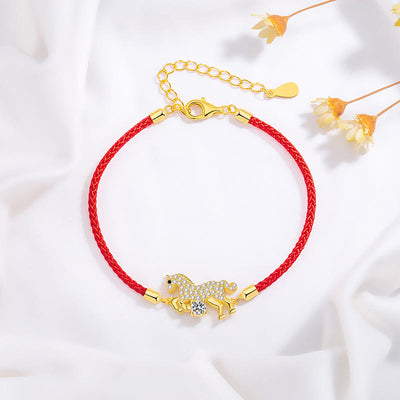 Buddha Stones 925 Sterling Silver Golden Horse Charm Red String Luck Adjustable Bracelet - Horse(Wrist Circumference 14-18cm) - image 0