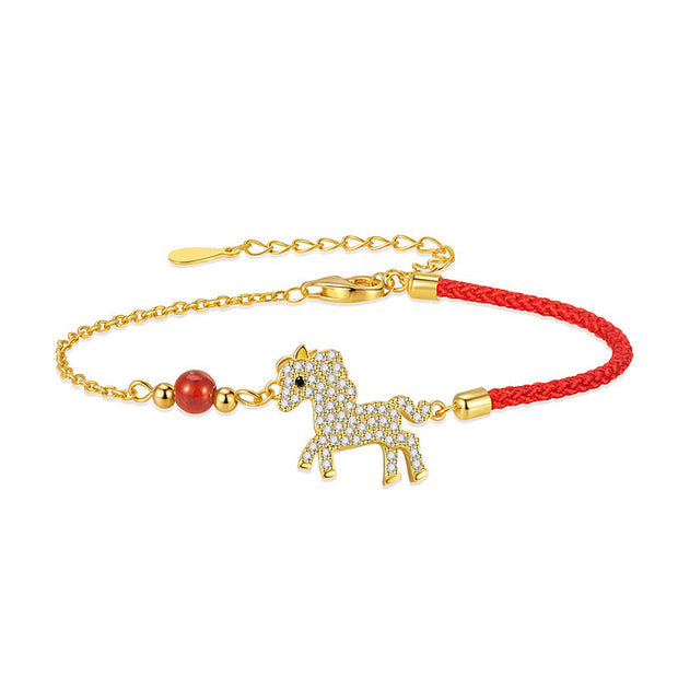 Buddha Stones 925 Sterling Silver Plated 18K Gold Horse Charm Red String Strength Braided Bracelet - image 4