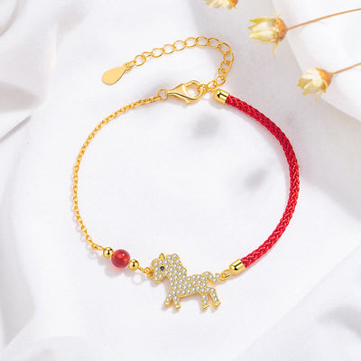Buddha Stones 925 Sterling Silver Plated 18K Gold Horse Charm Red String Strength Braided Bracelet - Horse(Wrist Circumference 14-18cm) - image 0