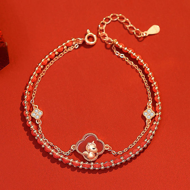 Buddha Stones 925 Sterling Silver Horse Four Leaf Clover Red Agate Hetian Jade Confidence Bracelet - image 2