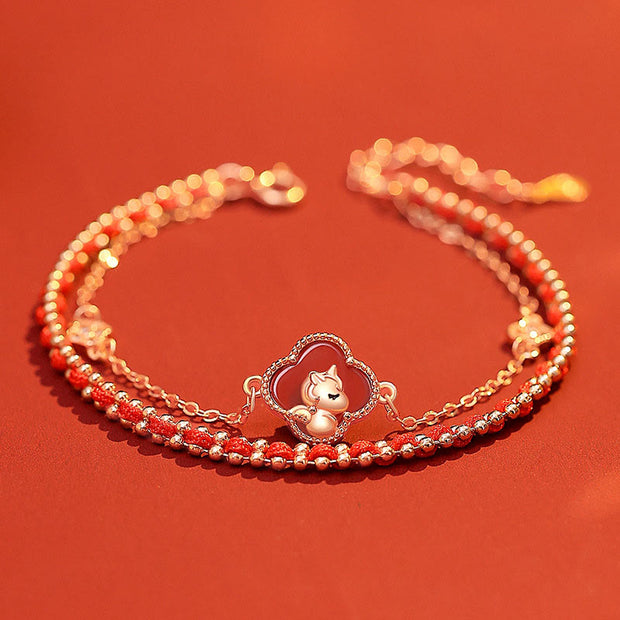 Buddha Stones 925 Sterling Silver Horse Four Leaf Clover Red Agate Hetian Jade Confidence Bracelet - Red Agate(Wrist Circumference: 14-18cm) - image 0