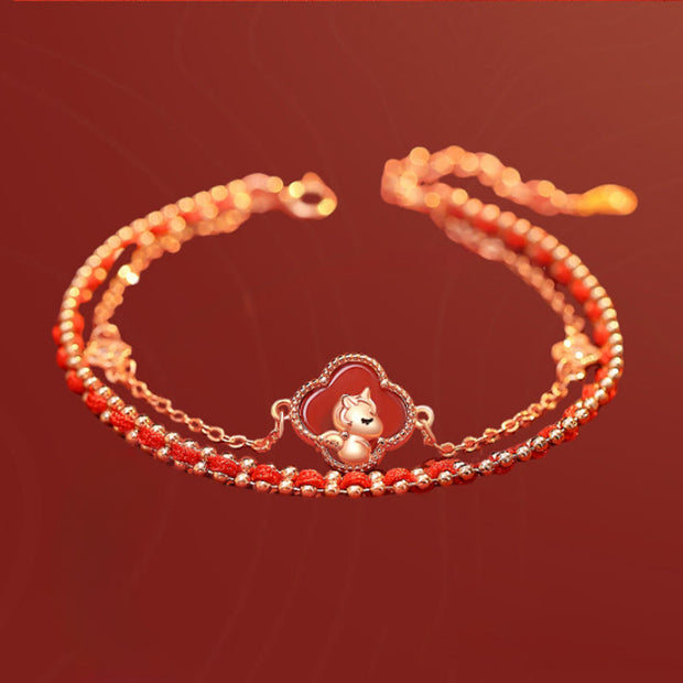 Buddha Stones 925 Sterling Silver Horse Four Leaf Clover Red Agate Hetian Jade Confidence Bracelet - image 1