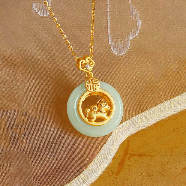 Buddha Stones 925 Sterling Silver Horse Hetian Jade Peace Buckle Fu Character Luck Necklace Pendant - image 3
