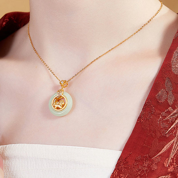 Buddha Stones 925 Sterling Silver Horse Hetian Jade Peace Buckle Fu Character Luck Necklace Pendant - image 12