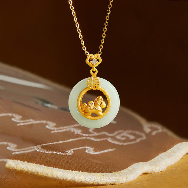 Buddha Stones 925 Sterling Silver Horse Hetian Jade Peace Buckle Fu Character Luck Necklace Pendant - image 1