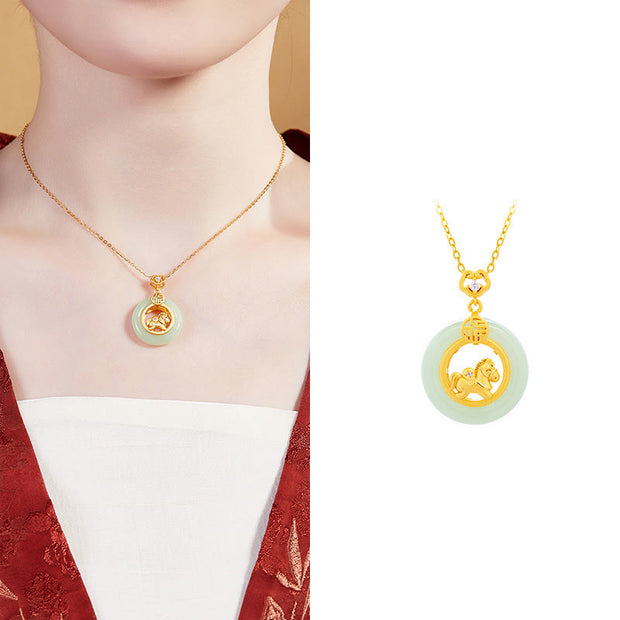 Buddha Stones 925 Sterling Silver Horse Hetian Jade Peace Buckle Fu Character Luck Necklace Pendant - image 13