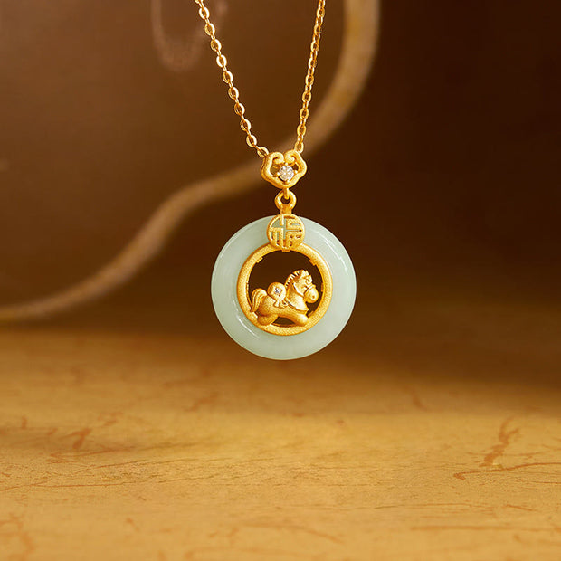 Buddha Stones 925 Sterling Silver Horse Hetian Jade Peace Buckle Fu Character Luck Necklace Pendant - Jade(Prosperity♥Abundance) - image 0