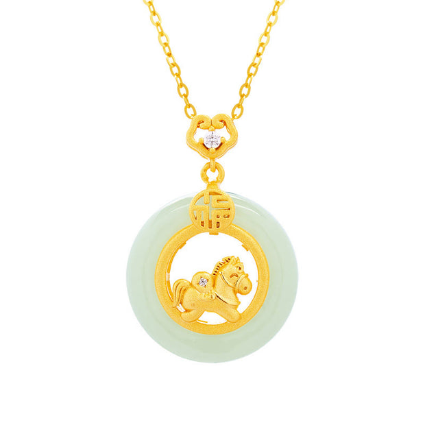 Buddha Stones 925 Sterling Silver Horse Hetian Jade Peace Buckle Fu Character Luck Necklace Pendant - image 5