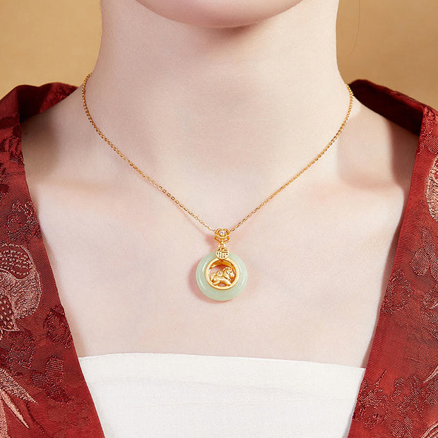 Buddha Stones 925 Sterling Silver Horse Hetian Jade Peace Buckle Fu Character Luck Necklace Pendant - image 10