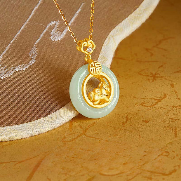 Buddha Stones 925 Sterling Silver Horse Hetian Jade Peace Buckle Fu Character Luck Necklace Pendant - image 2