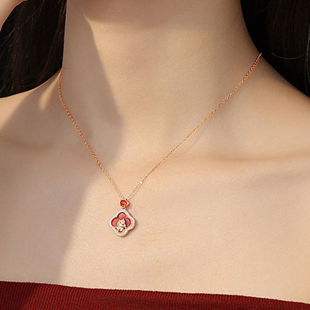 Buddha Stones 925 Sterling Silver Horse Charm Four Leaf Clover Red Agate Calm Necklace Pendant - image 4
