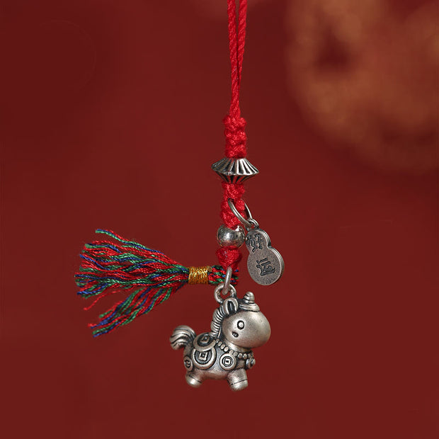 Buddha Stones Year of the Horse 999 Sterling Silver Good Luck Copper Coins Phone Hanging Decoration - Red - image 0
